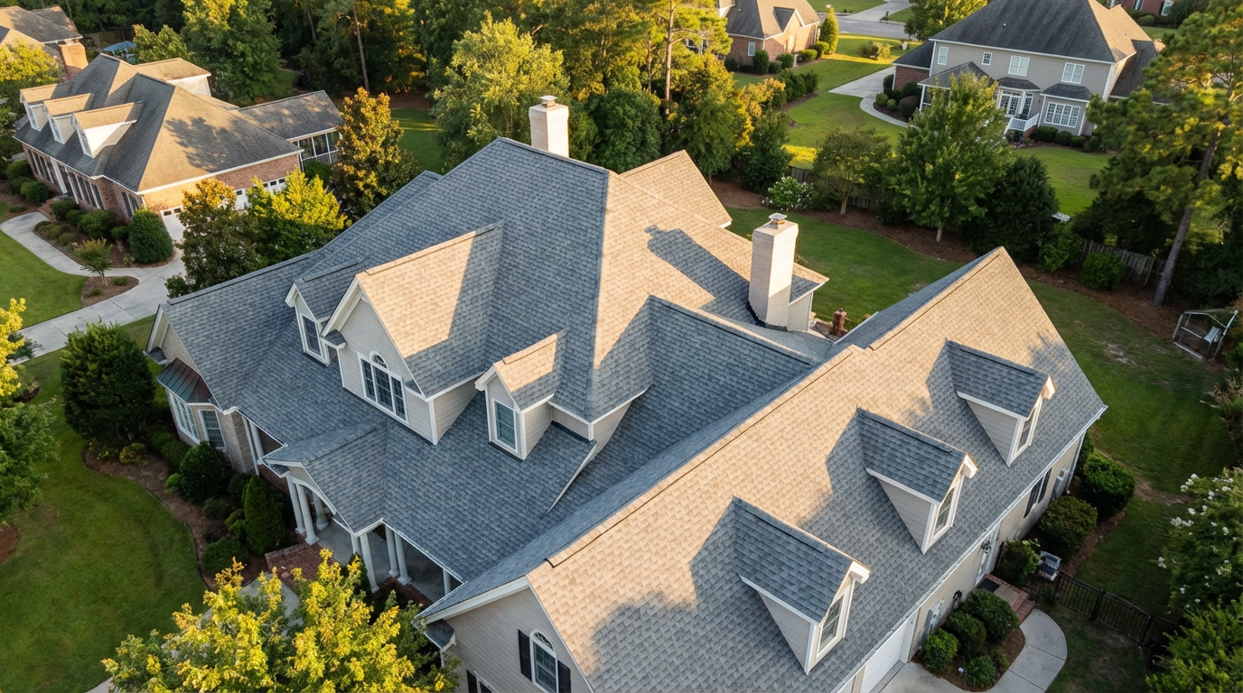 Completed roofing project aerial view